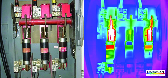 Side-by-side image showing infrared results of switchgear testing